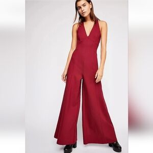 Free People One Piece Burgundy Red Wide Leg Jumper Size Small
